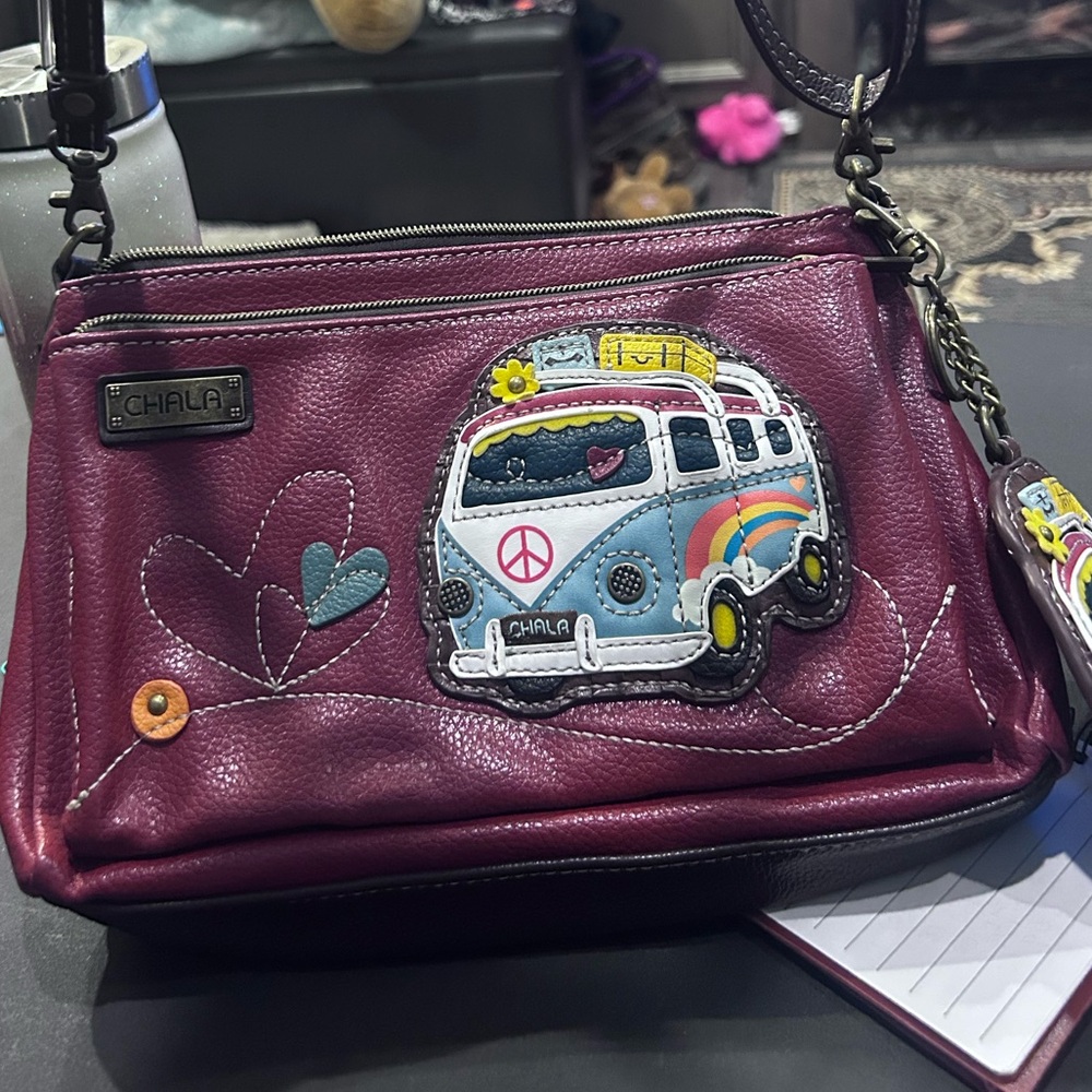 Chala Burgundy Crossbody Bag with Peace Van Motif & matching coin purse